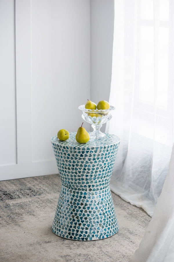 English Elm D14x20" Cylindrical Garden Capiz Stool with Luxe Gold Shell Pattern, Modern Accent Side Table Blue Multi W2078P290748