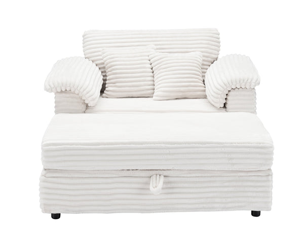 English Elm 47.24-inch corduroy armchair with storage ottoman and USB ports, spring seat, solid wood frame lounge White W3356S00024