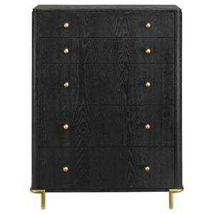 English Elm Anser Modern 5-Drawer Chest: Elegant Black Woodgrain Storage With Gold Accents For Any Bedroom B062P358456