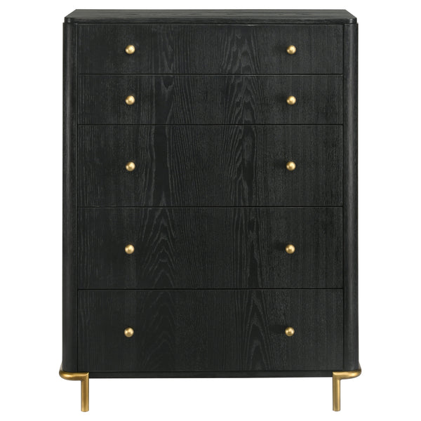 English Elm Anser Modern 5-Drawer Chest: Elegant Black Woodgrain Storage With Gold Accents For Any Bedroom B062P358456