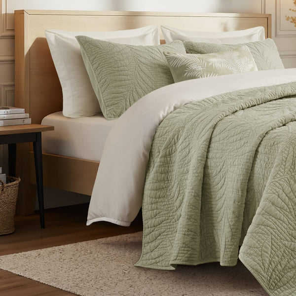 English Elm King Stone Washed Cotton Quilt Set Breathable Garment Dyed Bedroom Comfort Sage B035P496597