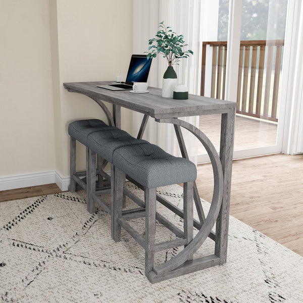 English Elm Bar Industrial Bar Table Set with Power Outlet and Upholstered Chairs, Space-Saving Dining Hub Gray W487P333507