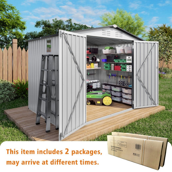 English Elm 8x6 Galvanized Steel Outdoor Storage Shed with Pitched Roof Lockable Doors and Window W3213S00007