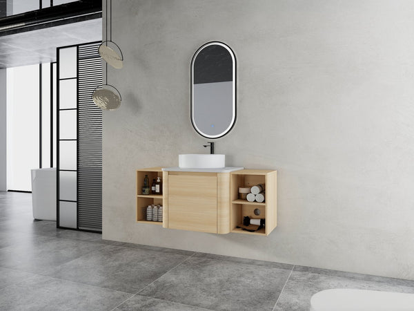 English Elm 48'' Wall-Mounted Bathroom Vanity With Elegant Ceramic Sink, Soft-Close Door & Open Storage Shelves W999S00469
