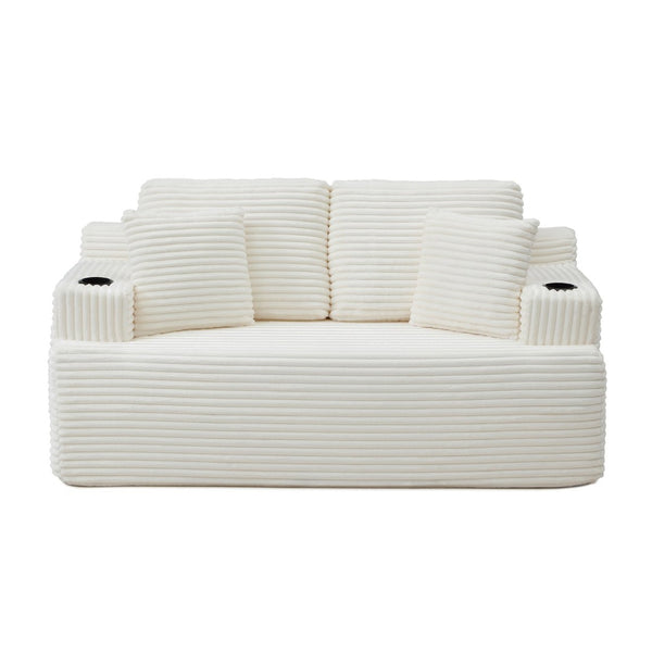 English Elm Boneless Floor Sofa Corduroy Upholstered 5 Seat Low Profile with Cup Holders for Living Room Beige W1117S00437