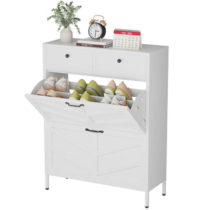 English Elm Shoe Cabinet Slim Steel Entryway Organizer with Flip Compartments and Retro White Finish T2398P413025
