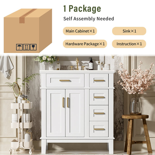English Elm 30" Bathroom Vanity with Ceramic Sink and Deep Storage, Soft-Close Doors, Gold Handles, Durable Wood Frame White N729P276610K