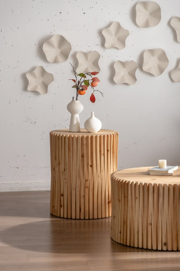 English Elm Retro Cylindrical Coffee Tables Set Of 2 - Textured Relief Design For Stylish Living Room & Office Use W757S00029-GIGA