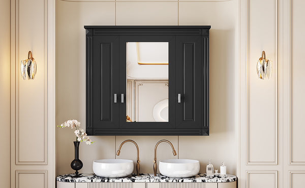 English Elm Bathroom Wall Cabinet with Mirror and 5 Shelves — Wall-Mounted Medicine Cabinet, Modern Storage Solution Black N710P252503B