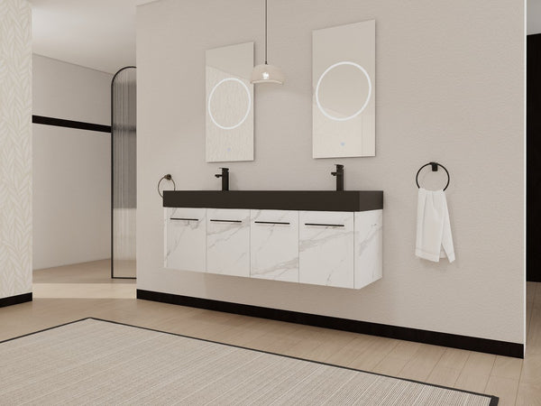 English Elm 60 Inch Wall-Mounted Bathroom Vanity With Double Black Resin Sink – Modern, Durable & Stylish Design W999S00255