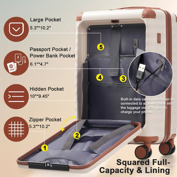 English Elm Luggage 5 Piece Abs Hardshell Travel Set with Usb Port Spinner Wheels and Tsa Lock Brown+White N732P265290K