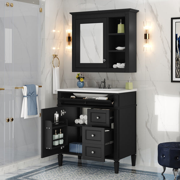 English Elm 30'' Bathroom Vanity Set With Mirror, Modern Freestanding Storage Cabinet & Integrated Sink Design SW000127AAB-1