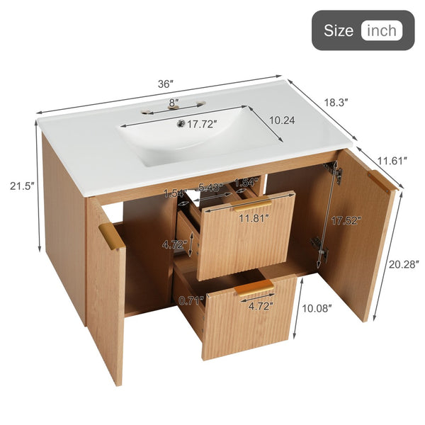 English Elm [video]36 Inch Floating Bathroom Vanity with Ceramic Sink Mdf Cabinet Soft Close N729P417256N