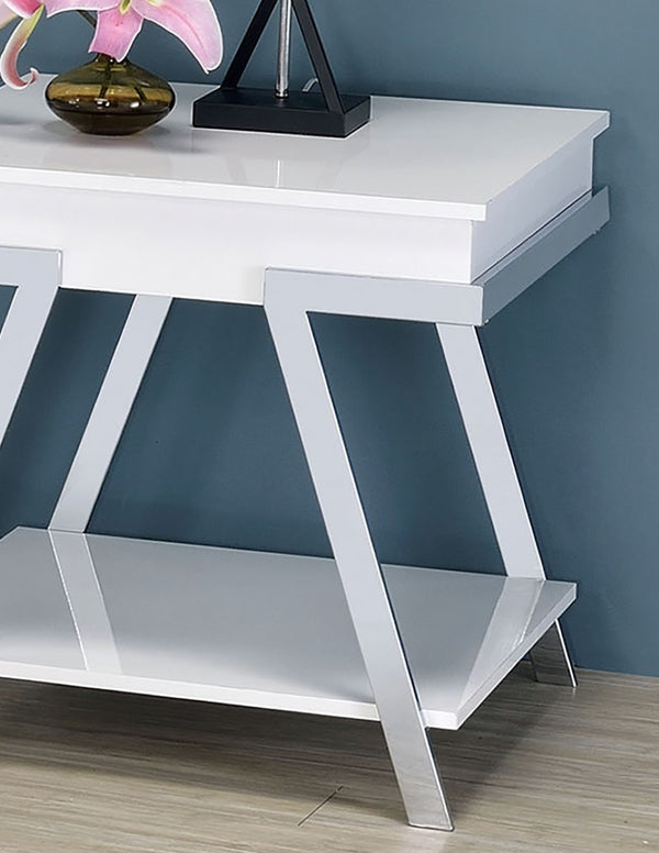 English Elm Contemporary Gloss White End Table with Open Shelf and Polished Chrome Legs for Living Rooms B011P207455