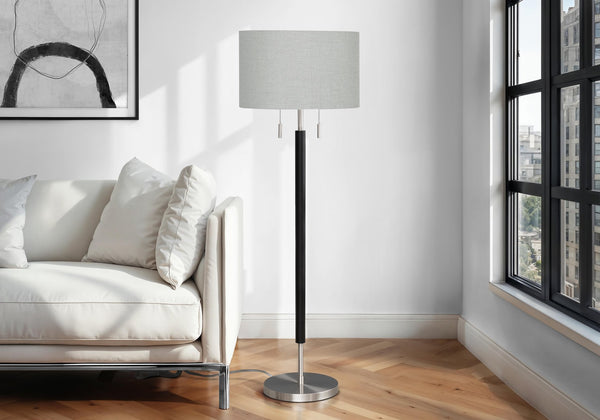 English Elm Lighting, Modern Tripod Floor Lamp with Linen Drum Shade, Adjustable Neck, Walnut Shelf, 66" Black 18 L x 18 W x 16 H B2710P221306