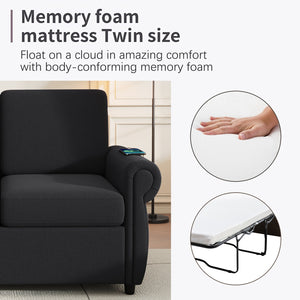 English Elm 57.9" Orisfur Pull Out Sofa Bed Loveseat Sleeper with Twin Memory Mattress, Linen Upholstery, USB Ports Black N719P210624B