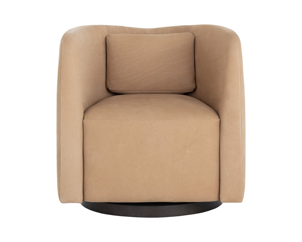 Sunpan Emilie Swivel Lounge Chair - Luxurious Nubuck Tan Leather With Elegant Brown Oak Wood Base Brown Leather 112030
