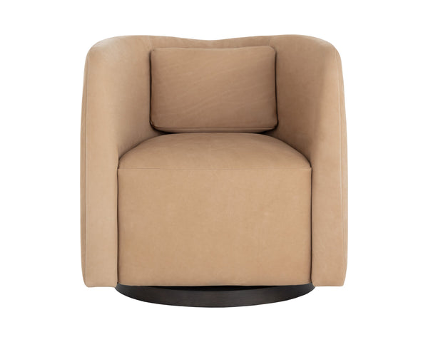 Sunpan Emilie Swivel Lounge Chair - Luxurious Nubuck Tan Leather With Elegant Brown Oak Wood Base Brown Leather 112030