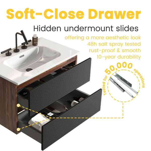 English Elm Gloria Floating Bathroom Vanity Walnut Two-tone Ceramic Sink Modern Storage Cabinet W1865S00199