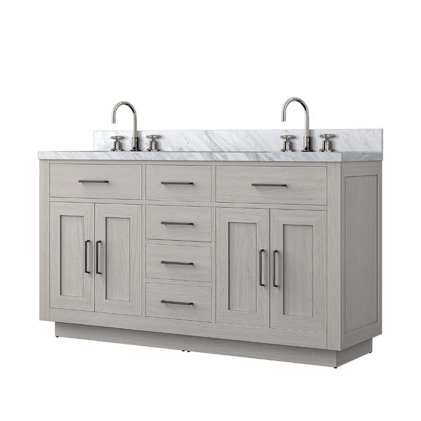 English Elm White Oak Double Bath Vanity 60" W X 22" D With Stunning Carrara Marble Top & Faucet Set Included B2731P257765-GIGA