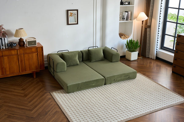 English Elm 59'' Corduroy Convertible Floor Sofa Sleeper with Bolster Pillow for Small Spaces Green W3434P406617