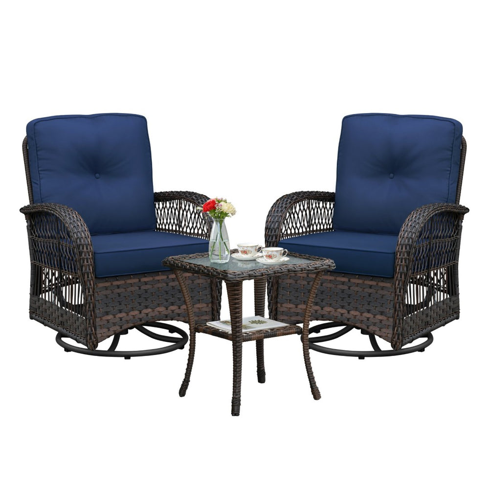 English Elm 3 Piece Outdoor Wicker Rocking Bistro Set with Glass Top Table Patio Porch W1889P500331