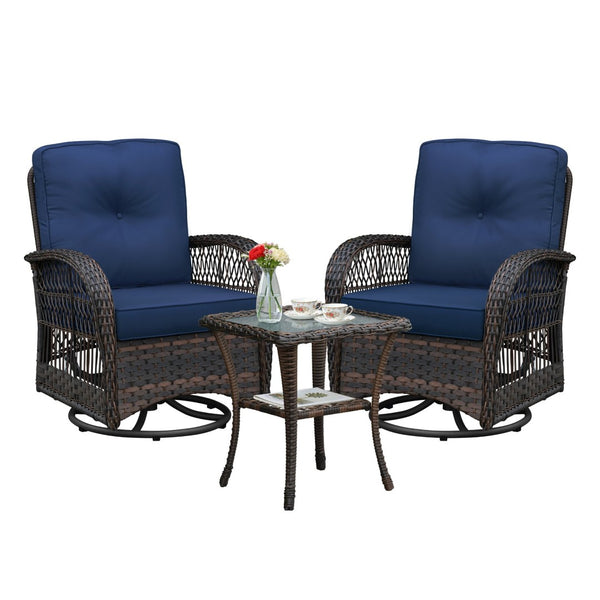English Elm 3 Piece Outdoor Wicker Rocking Bistro Set with Glass Top Table Patio Porch W1889P500331