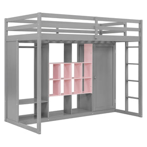 English Elm Twin Loft Bed with Wardrobe Shelves and Cabinet Kids Bedroom Wood Storage Frame Pink+Grey N708S00023E