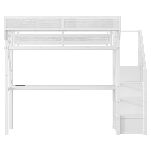 English Elm Full Loft Bed with Desk and Charging Station, Metal Loft with Stairs, Wardrobe, Shelves & Light White W2580S00046