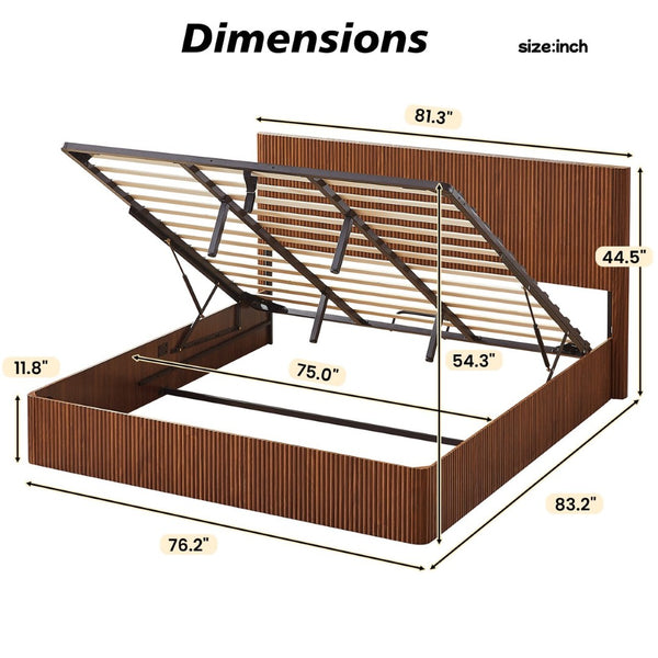 English Elm King Platform Storage Bed Walnut Hydraulic Lift Corrugated Wood Headboard Frame W1820S00060