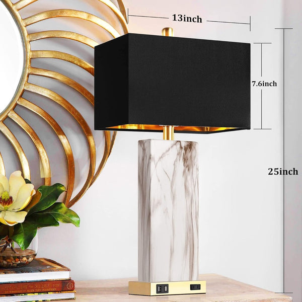 English Elm Touch Dimmable Ceramic Marble Lamp Pair with Usb Charging Gold Black Shade Bedroom W3355P465374