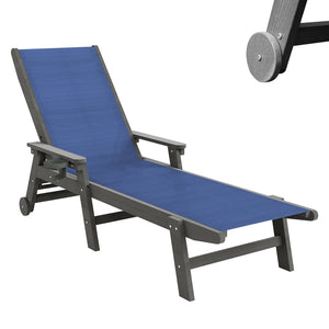 English Elm Lounge Outdoor Hdpe Reclining Chaise with Teslin Fabric Seat Wheels and Cup Holder Navy Blue W1859P494794