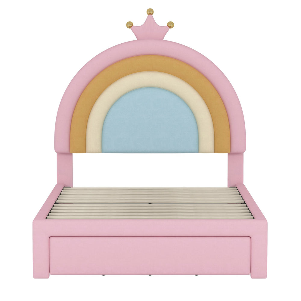 English Elm Twin Velvet Rainbow Bed with Storage Drawer — Pink Upholstered Platform, No Box Spring Needed, Cute N733P234606H