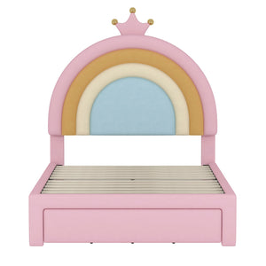 English Elm Twin Velvet Rainbow Bed with Storage Drawer — Pink Upholstered Platform, No Box Spring Needed, Cute N733P234606H