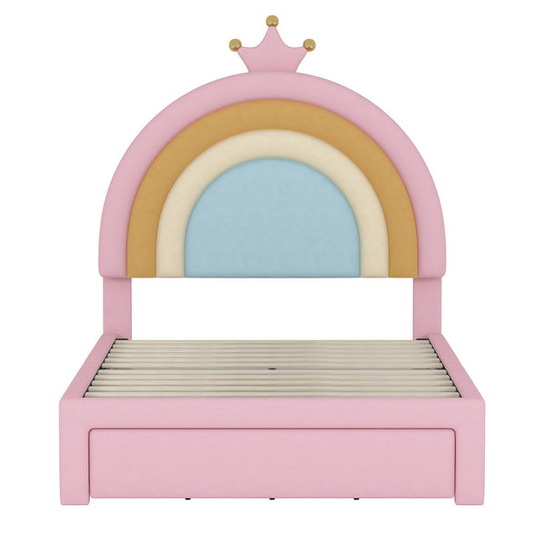 English Elm Twin Velvet Rainbow Bed with Storage Drawer — Pink Upholstered Platform, No Box Spring Needed, Cute N733P234606H