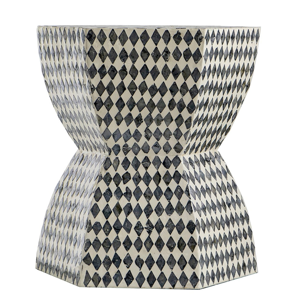 English Elm 15x13x17" Hexagonal Garden Capiz Stool — Black & White Inlay Accent Side Table, Diamond Motif, Versatile Foyer/Bedroom/Dining Decor W2078P409414