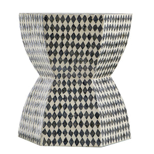 English Elm 15x13x17" Hexagonal Garden Capiz Stool — Black & White Inlay Accent Side Table, Diamond Motif, Versatile Foyer/Bedroom/Dining Decor W2078P409414