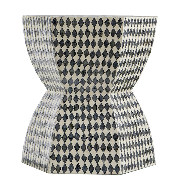 English Elm 15x13x17" Hexagonal Garden Capiz Stool — Black & White Inlay Accent Side Table, Diamond Motif, Versatile Foyer/Bedroom/Dining Decor W2078P409414