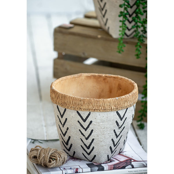 English Elm Set Of 2 Stylish White & Brown Cement Planters With Bold V Pattern For Indoor/Outdoor Plants W2078P322889-GIGA