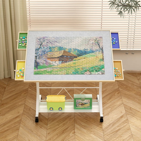 English Elm (white) Wooden Puzzle Table with Drawers Tilting Top Wheels and Protective Cover W2641P442535