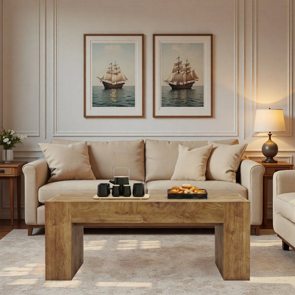 English Elm 48" Farmhouse Rectangle Wood Coffee Table with Hidden Drawer and Open Lower Shelf W3204P401251