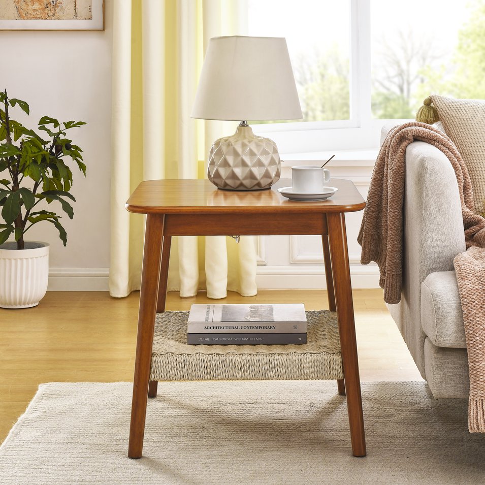 English Elm 23" Mid-Century Side Table with Woven Rattan Shelf, Walnut Finish, Solid Wood Legs, Boho Storage Accent Piece W1801109588