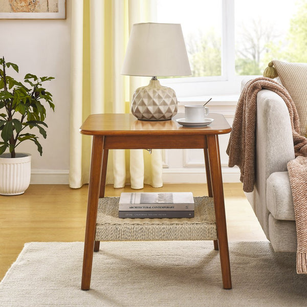 English Elm 23" Mid-Century Side Table with Woven Rattan Shelf, Walnut Finish, Solid Wood Legs, Boho Storage Accent Piece W1801109588