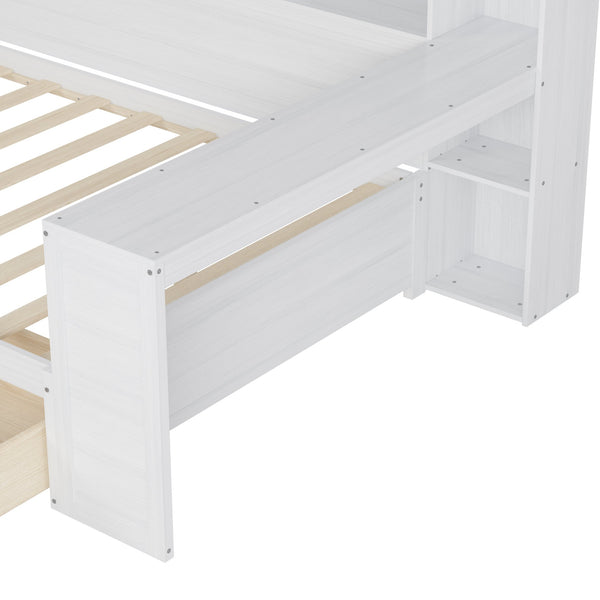 English Elm Wooden Twin Daybed with Built-In Desk, Side Shelves and Dual Drawers for Smart Space Saving Antique White 54.9 L x 18.75 W x 5.6 H N733S241484K