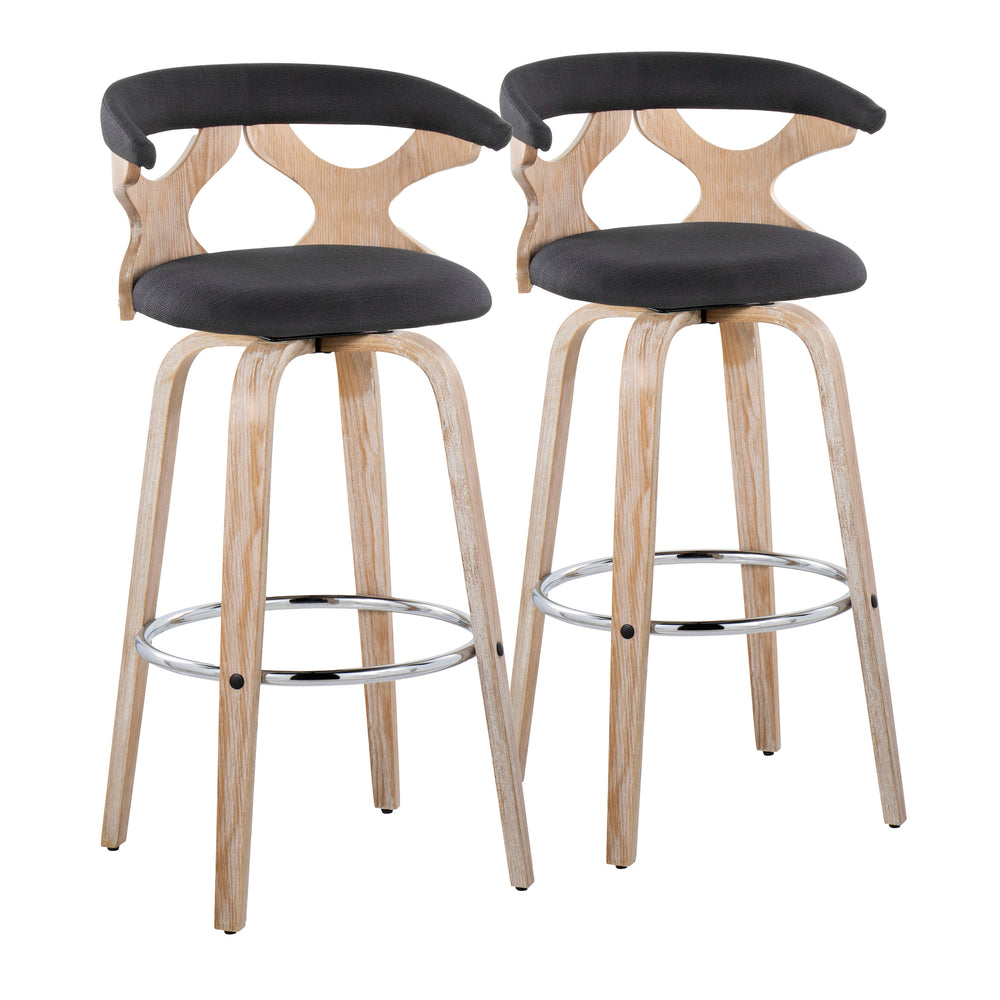 English Elm Gardenia Contemporary 30" Barstool Set of 2 — Swivel Padded Fabric Seat, Whitewashed Wood Frame, Chrome Footrest Charcoal B202S00576