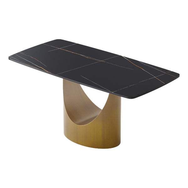 English Elm 63" Modern Artificial Stone Dining Table With Curved Black Panel And Bronze Iron Legs For 6-8 People W1535S00550