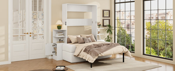 English Elm Full Size Murphy Bed System with Integrated Sofa and Storage Towers for Guest Rooms White LP000380AAK