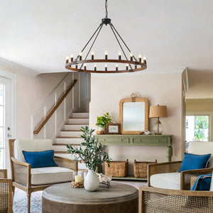 English Elm 39.3 Inch Wood Wagon Wheel Chandelier with Seeded Glass Shades 20-light Farmhouse W5008P464781