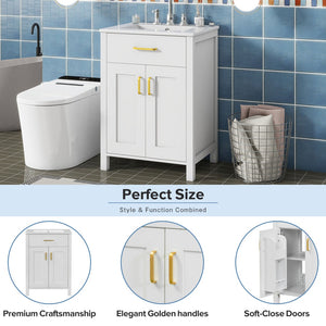 English Elm Modern 48 Inch Freestanding Bathroom Vanity Dual Ceramic Sinks Soft Close Gold Handles White N729P000008K