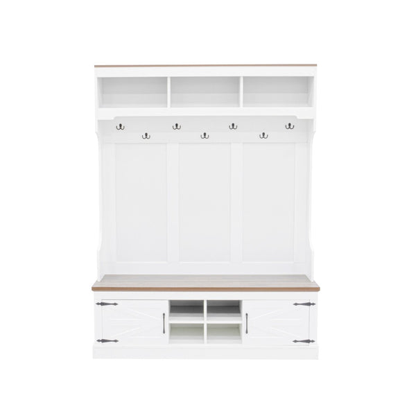 English Elm Vibe Haus Farmhouse Hall Tree with Bench Shoe Storage Hooks and Open Cubbies N724P380402K